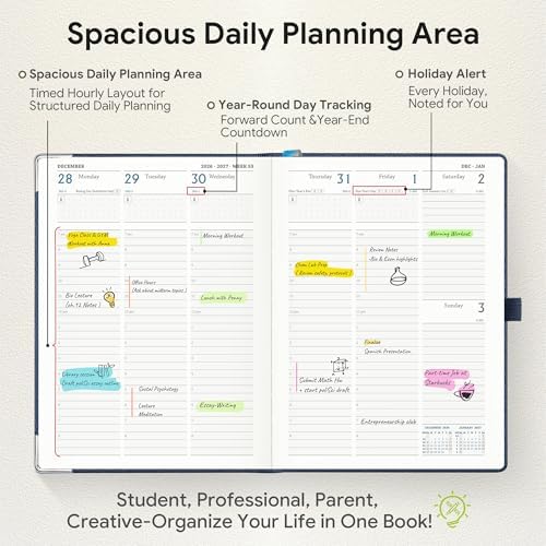 Planner 2026-2027 Weekly & Monthly Planner with Hourly Time Slots, 18 Month Academic Calendar July 2026 – Dec 2027, Vertical Layout, Monthly Tabs, Hardcover Business Agenda, Dark Blue
