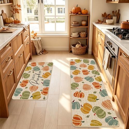 Baccessor Fall Kitchen Rugs Set of 2, Colorful Pumpkins Kitchen Mats for Floor Washable Low-Profile Farmhouse Autumn Holiday Home Indoor Outdoor Decor 17x29 and 17x47 Inch