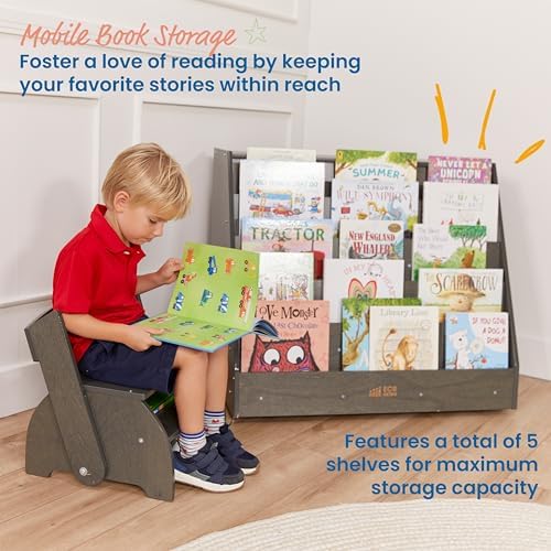 ECR4Kids Mobile Double-Sided 5-Shelf Book Display with Storage, Grey Wash