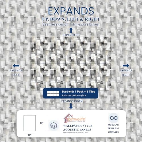 PINWELIFE® Acoustic Art Tiles – 8-Pack 12"x16" Sound Absorbing Panels, Seamless Wallpaper-Style Decorative Acoustic Wall Art, Echo Reduction for Home Studio/Office, Nano Tape Included