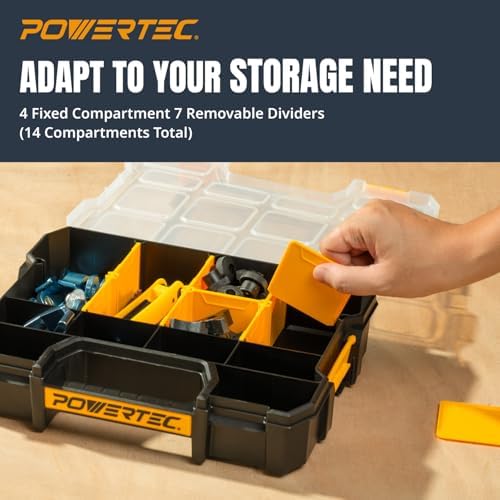 POWERTEC Small Parts Organizer & Tool Box – 14 Compartments, Stackable Storage with Interlocking Latch, Removable Dividers, Clear Lid, Portable Design (72364)
