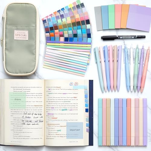 135 Pcs Book Annotation Kit with Pencil Case, 12 Pastel Highlighters, 11 Gel Pens, Fine Marker, 300 Transparent Sticky Notes, 2640 Index Tabs, Bible Study Supplies Kit(Classic,Light Green)