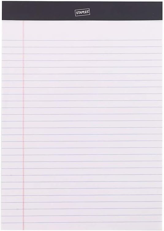 STAPLES Notepads, 8.25x11.75 Inch, Wide Ruled, White, 72-Pack