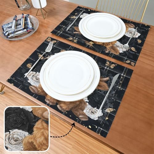 ALAZA Highland Cow Rose Butterfly Set of 6 Placemats Rectangle Table Mat for Dining Table Restaurant Kitchen Home Decor, 12" x 18"