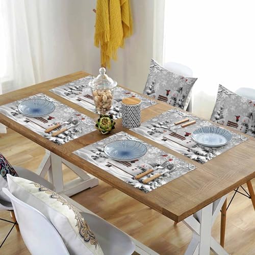 Winter Christmas Placemat 1PC, Cute Snowman Cardinals Heat Resistant Washable Table Place Mats GreySnowy Pine Forest Cotton Table Linens Party Holiday Decor for Kitchen Dining Outdoor Indoor