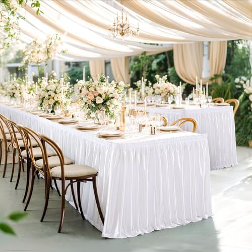 Wish Care 17ft White Satin Long Table Skirt for Rectangle Tables Wrinkle Free Teacher Desk Skirt Glitter Ruffle Table Skirting Cloth for Office Wedding Birthday Baby Shower Party Banquet Table Decor