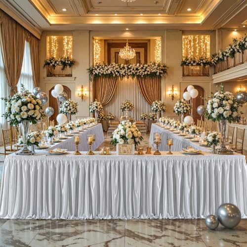 Wish Care 21ft Silver Satin Long Table Skirt for Rectangle Tables Wrinkle Free Teacher Desk Skirt Glitter Ruffle Table Skirting Cloth for Back to School Classroom Office Birthday Party Table Decor