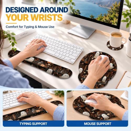 Halloween Ghost Ergonomic Wrist Rest Mouse Pad Set with Keyboard Cushion