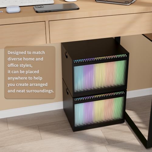 Bamboo Hanging File Organizer, Desktop File Box with Lids, 2 Pack, Black | Removable Lid, Clear Acrylic Side Panels, 4 Hanging Folders Included, Helps Reduce Dust, Letter & Legal Size, Easy Assembly