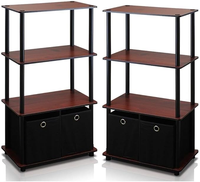 Furinno GO GREEN Storage Shelf Set of 2, 4-Tier Storage Rack with Bins, Book Shelf, Display Rack, with Storage Bins, for Organization and Storage, Living Room, Home Office, Dark Cherry