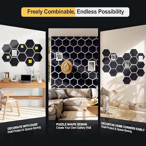 12-Pack Hexagon Cork Board Alternative for Walls Decor, 38.2" x 38.2" Large Felt Bulletin Board, with Pushpins, Damage-Free Adhesives, Thick Pin Board for Office, Home (Black)