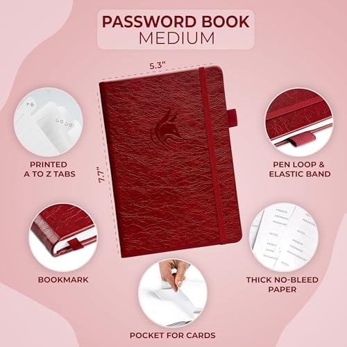 Clever Fox Password Book with Alphabetical Tabs, 5.3"x7.7" Keeper Wine Red