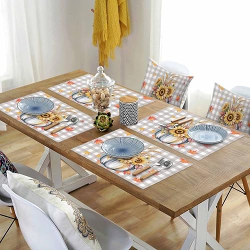 Fall Pumpkins Leaves Placemats Set of 6, Thanksgiving Heat Resistant Washable Table Place Mats Rustic Farmhouse Gray Buffalo Plaid Table Linens Party Decor for Home Kitchen Dining Outdoor Indoor