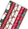 Hallmark Rustic Recyclable Christmas Wrapping Paper (6 Rolls: 180 Sq. Ft. Total) Red, White and Hunter Green Plaid, Poinsettias, Snowflakes, "Merry Christmas," Snowman, Santa