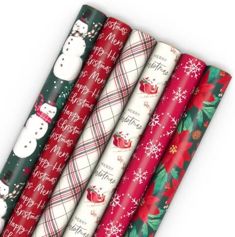 Hallmark Rustic Recyclable Christmas Wrapping Paper (6 Rolls: 180 Sq. Ft. Total) Red, White and Hunter Green Plaid, Poinsettias, Snowflakes, "Merry Christmas," Snowman, Santa