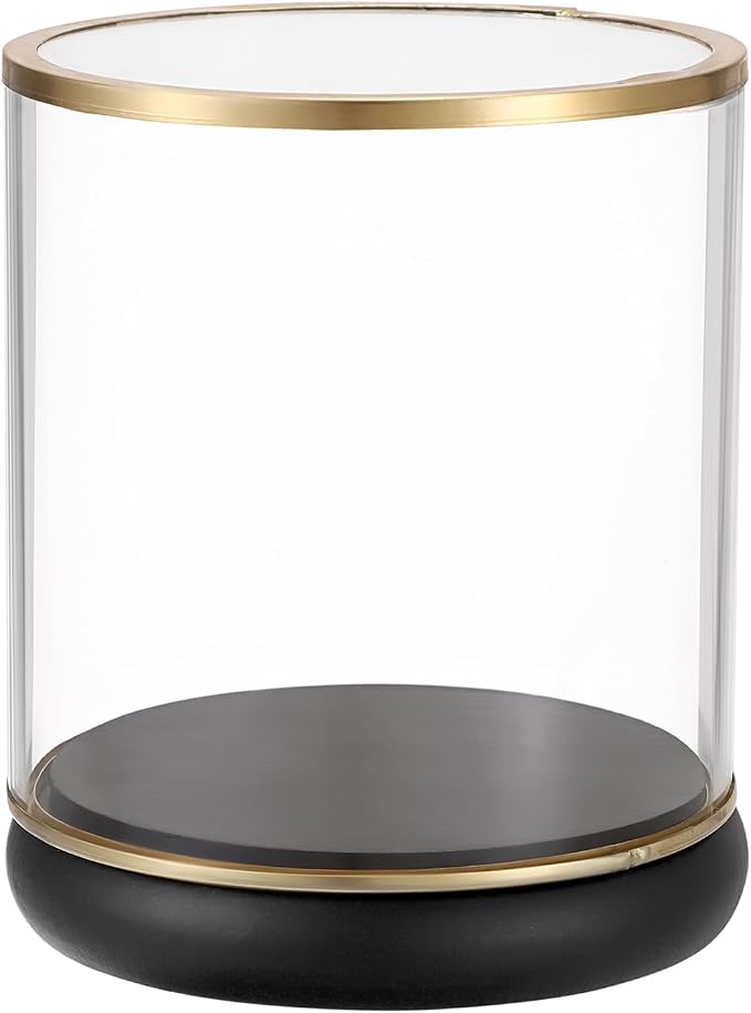 Hipiwe Vintage Display Case Clear Collectibles Showcase with Black Wooden Base Gold Frame Keepsake Box for Plants Action Figurine Models, Cylinder, 4 x 4 x 4.3 Inch