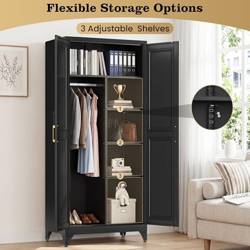 71" Metal Storage Cabinet with Hanging Rod, Black Tall Wardrobe Closet with 3 Adjustable Shelves, Heavy Duty Steel Office Armoire, Modern Minimalist Design for Bedroom, Laundry Room