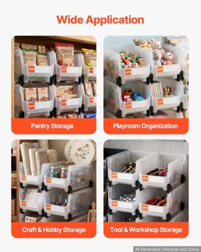 VEVOR Plastic Stackable Storage Bins, 14.8 x 8.5 x 7.1 inch (6 Pack), Plastic Containers for Organizing & Storage Bins for Closet, Garage, Small Parts, Office Supplies, Other Accessories, Transparent