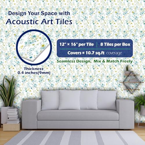 PINWELIFE® Acoustic Art Tiles – 8-Pack 12"x16" Sound Absorbing Panels, Seamless Wallpaper-Style Decorative Acoustic Wall Art, Echo Reduction for Home Studio/Office, Nano Tape Included