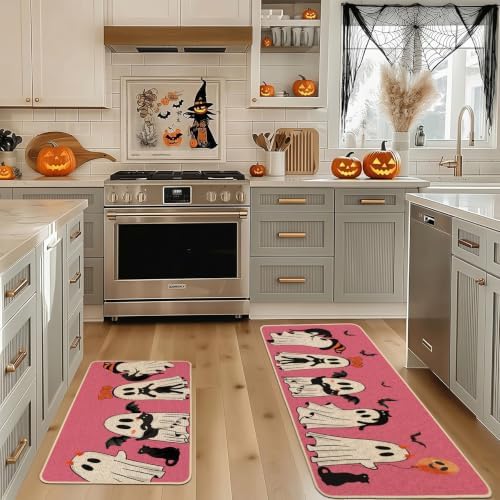 Baccessor Halloween Kitchen Rugs Set of 2, Pink Ghost Boo Black Cat Kitchen Mats for Floor Washable Low-Profile Farmhouse Spooky Holiday Home Indoor Outdoor Decor 17x29 and 17x47 Inch