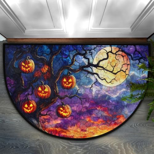 Moon Tree Half Round Door Mat Non Slip Washable Semi Circle Area Rug Absorbent Soft Half Moon Rug Floor Mat for Indoor Outdoor Kitchen Bathroom Patio Front Door Mat Decor