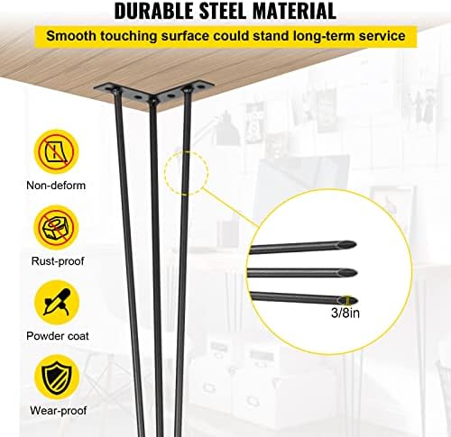 VEVOR Hairpin Table Legs 16" Black Set of 4 Desk Legs 880lbs Load Capacity (Each 220lbs) Hairpin Desk Legs 3 Rods for Bench Desk Dining End Table Chairs Carbon Steel DIY Heavy Duty Furniture Legs