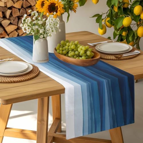 Blue White Ombre Table Runner Dresser Scarf 13 x 108 Inch Abstract Gradient Ocean Waves Modern Stripe Table Runners Non-Slip Heat Resistant Kitchen Dining Table Decor for Home Holidays Indoor Outdoor