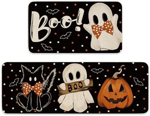 JarThenaAMCS Halloween Kitchen Mats Set of 2 Ghost Pumpkin Boo Kitchen Floor Mat Non-Slip Spooky Decorative Bathroom Rugs, 17 x 29 Inch & 17 x 47 Inch