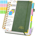 Spiral Notebook Journal with Removable Dividers Tabs, 300 Pages Hardcover Leather 5 Subject College Ruled Notebook, 6.1"x8.2" A5 Lined Journal for Women Men, Spiral Notebook for Work School,Green