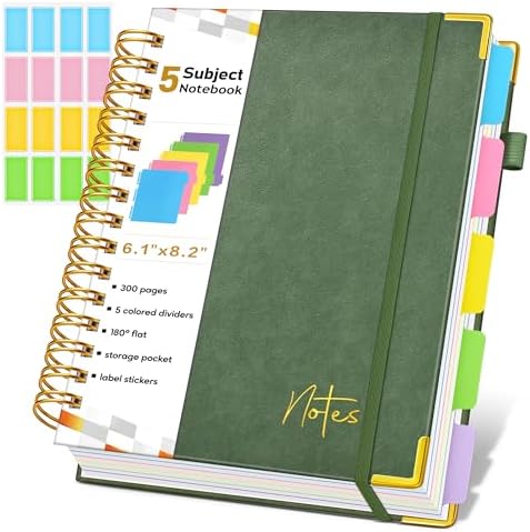 Spiral Notebook Journal with Removable Dividers Tabs, 300 Pages Hardcover Leather 5 Subject College Ruled Notebook, 6.1"x8.2" A5 Lined Journal for Women Men, Spiral Notebook for Work School,Green