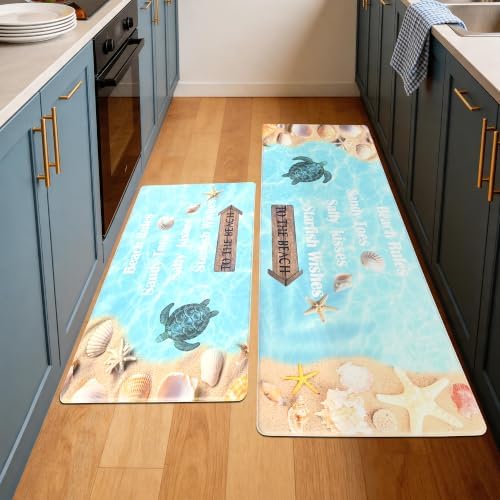 Coastal Kitchen Mats for Floor Beach-Themed Cushioned Anti Fatigue Mats for Kitchen Floor for Sink, Stove, Desk, Laundry,17"x30"+17"x47", Lake Blue
