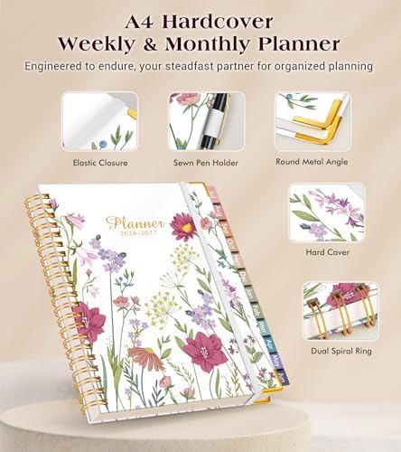 Academic Planner 2026-2027, Hardcover Weekly and Monthly Calendar Planner from July 2026 - June 2027, 8.5" x 11" A4 Large Daily Agenda with Tabs, College School Organizer for Student Teacher, Ivory Wild Flowers