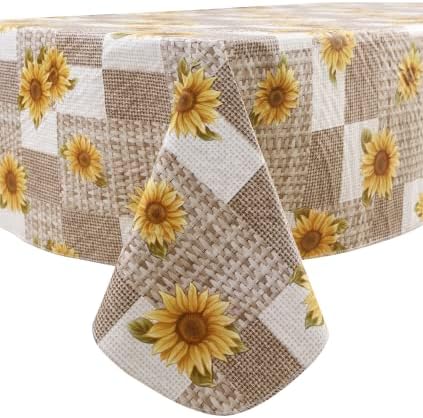 LIBERECOO Vinyl Tablecloth with Flannel Backing, Sunflower 60 x 84 Inch Rectangluar Tablecloths Stain-Resistant Waterproof Plastic Table Cover for Indoor/Outdoor