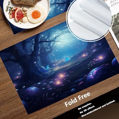 Batmerry Night Forest Glowing Elements Linen Placemats Set of 8, Mysterious Night Forest Scene Washable Table Mats for Kitchen Table Thickened Heat Insulation Dining Set Indoor Outdoor 12X18 in
