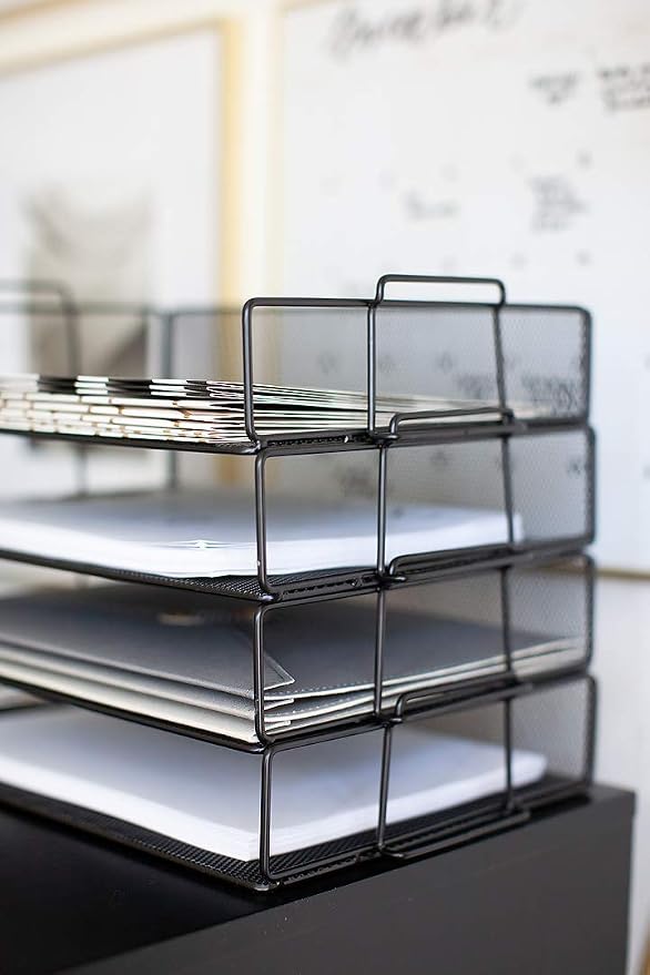 BLU MONACO 4-Tier Stackable Paper Tray for Desk Organization | Black Metal Mesh Letter File Holder | Tiered Desk Organizer for Office Workspace Document Storage 14.8 x 13 x 10.9 in