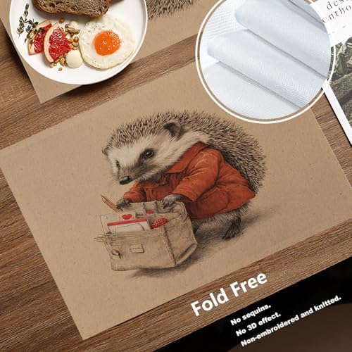 Batmerry Hedgehog Delivery Mail Linen Placemats Set of 4, Cute with Bag Washable Table Mats for Kitchen Table Thickened Heat Insulation Dining Set Indoor Outdoor 12X18 in