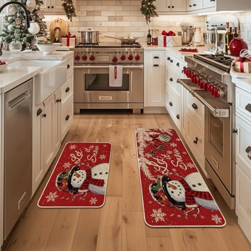 Artoid Mode Snowman Let It Snow Snowflake Christmas Kitchen Mats Set of 2, Winter Home Decor Low-Profile Kitchen Rugs for Floor - 24x35 and 24x59 Inch