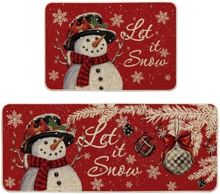 Artoid Mode Snowman Let It Snow Snowflake Christmas Kitchen Mats Set of 2, Winter Home Decor Low-Profile Kitchen Rugs for Floor - 24x35 and 24x59 Inch
