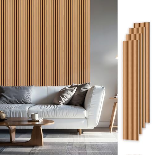 SMARTSTANDARD Wood Slat Acoustic Wall Panels 4 Pack 94"x12.6" Light Brown,