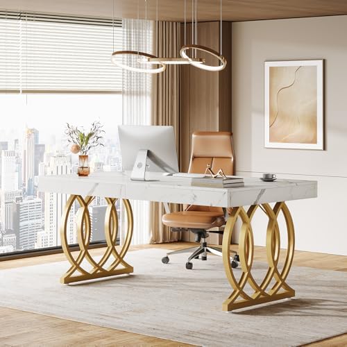 Tribesigns 63-Inch Executive Desk, Modern Office Computer Desk with Stylish Gold Legs, Rectangular Workstation for Home Office, Small Conference Table for Meeting Room (White & Gold)