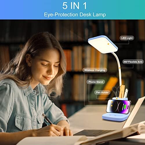LED Desk Lamp with 10W Wireless Charging & Pen Holder, Blue