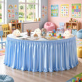 Wish Care 14ft Baby Blue Satin Table Skirt for Rectangle Tables Wrinkle Free Teacher Desk Skirt Glitter Ruffle Table Skirting Cloth for Back to School Classroom Office Dorm Birthday Party Table Decor