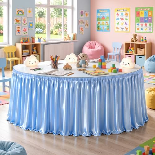 Wish Care 9ft Baby Blue Satin Table Skirt for Rectangle Tables Wrinkle Free Teacher Desk Skirt Glitter Ruffle Table Skirting Cloth for Back to School Classroom Office Dorm Birthday Party Table Decor