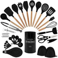 Country Kitchen Non Stick Silicone Utensil Set with Rounded Wood Handles for Cooking and Baking, 38 Piece Set, Black
