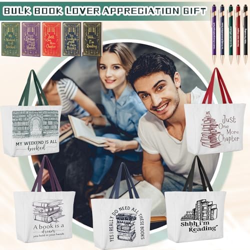 Fulmoon 10 Set Christmas Book Club Gifts Bulk Book Lovers Canvas Tote Bags with Notebooks Ballpoint Pens for Bookish Librarian Reader Women Gifts