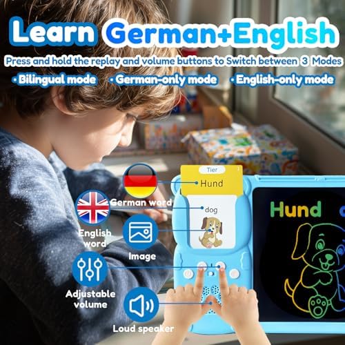 Writing Tablet with Bilingual Flash Cards for Kids, German, Blue
