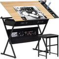 VECELO Drafting Table Art Desk Art Table Adjustable Drawing Table Tilted Tabletop with 2 Storage Drawers and Stool, Drawing Desk for Artist Painters Drawing, Crafting, Reading, Writing, Natural