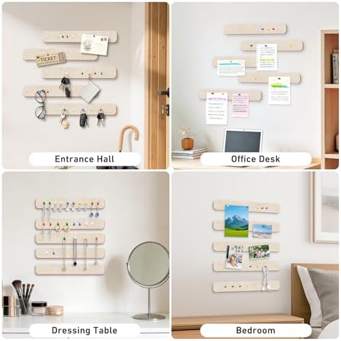 HAUTOCO Felt Bulletin Strips 5 Pack, 13" x 2" Self Adhesive Pin Board with 20 Push Pins, Peel and Stick Memo Board for Photos, Notes & Wall Decor, Dorm Room, Bedroom, Office, Oatmeal