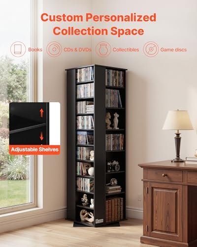 VEVOR Media Storage Cabinet, CD Rack Tower, 34 Compartments Rotating Media Tower Rack for CDs, DVDs, Books and Game Discs, DVD Stand for Living Room, Home Office and Recording Room, Black
