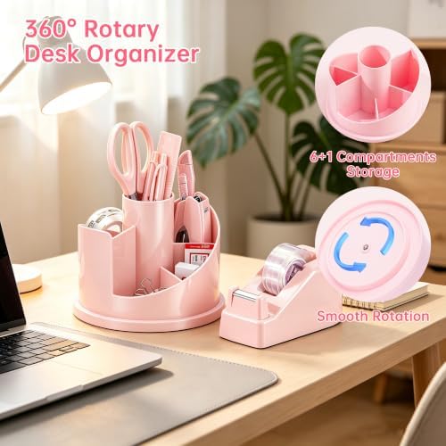 deli Office Supplies Set, Desk Accessory Organizer Kit, Pink